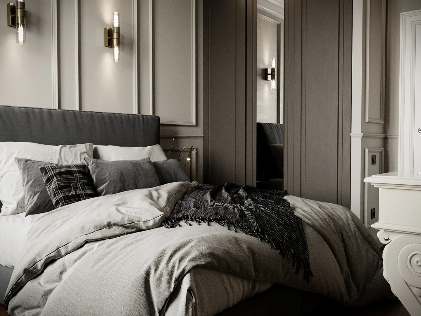 Salon — vue d’ensemble avec canapé modulaire et table en chêne.