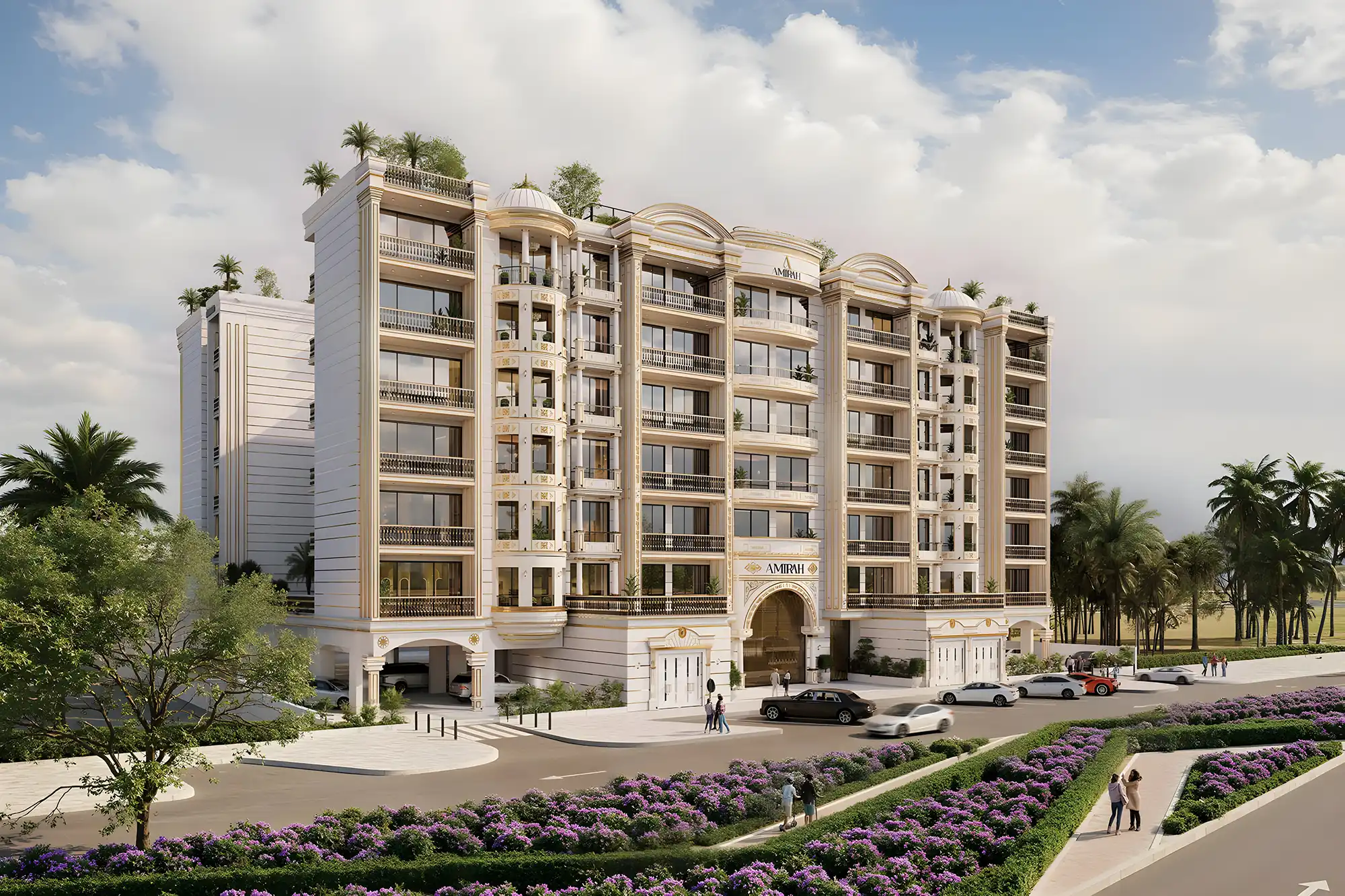 Illustration of the Crown Palace, a grand hotel featuring a majestic facade and luxurious design elements.