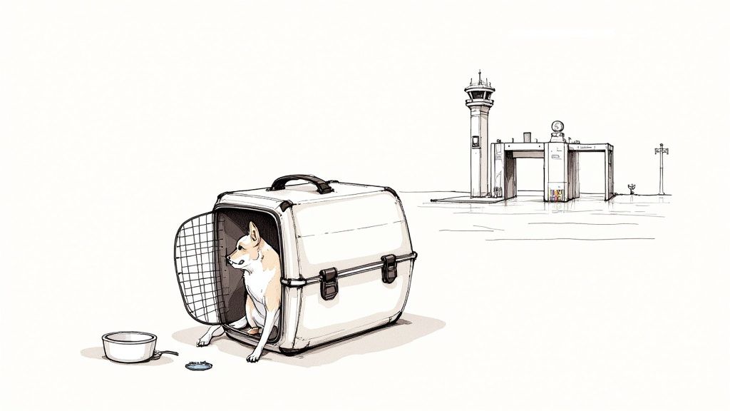 A calm dog resting in its travel carrier at the airport terminal