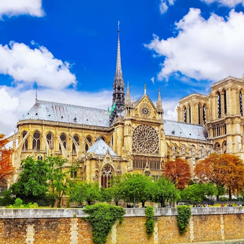 Notre-Dame Cathedral in Paris, showcasing its Gothic architecture with detailed stone carvings, surrounded by trees under a blue sky.