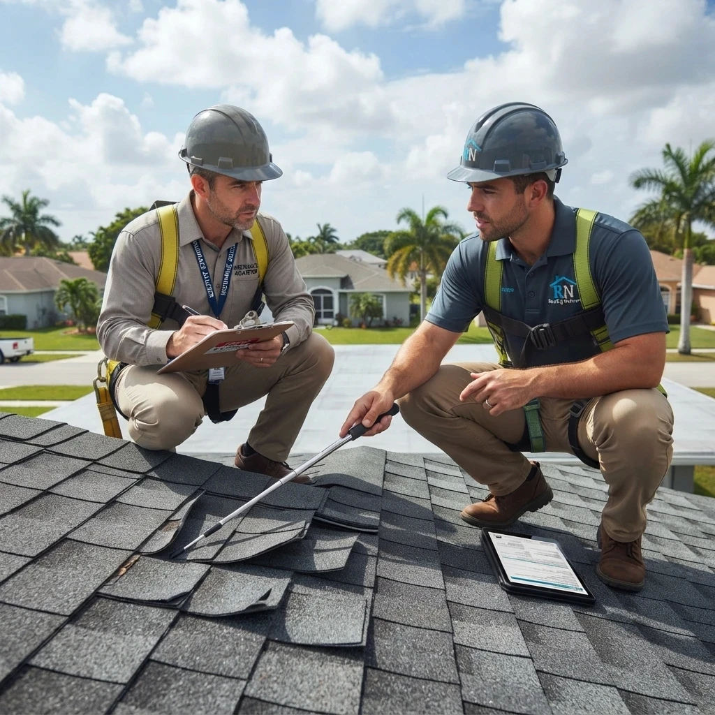 Roofing contractor and insurance adjuster inspecting storm damage together on a South Florida roof