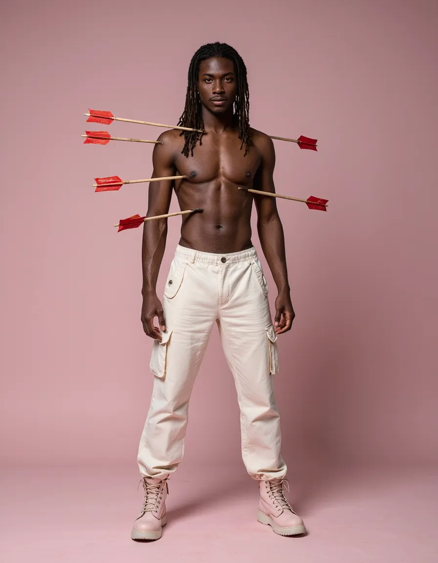Male model in white cargo pants with decorative arrows against pink backdrop, editorial fashion photography style