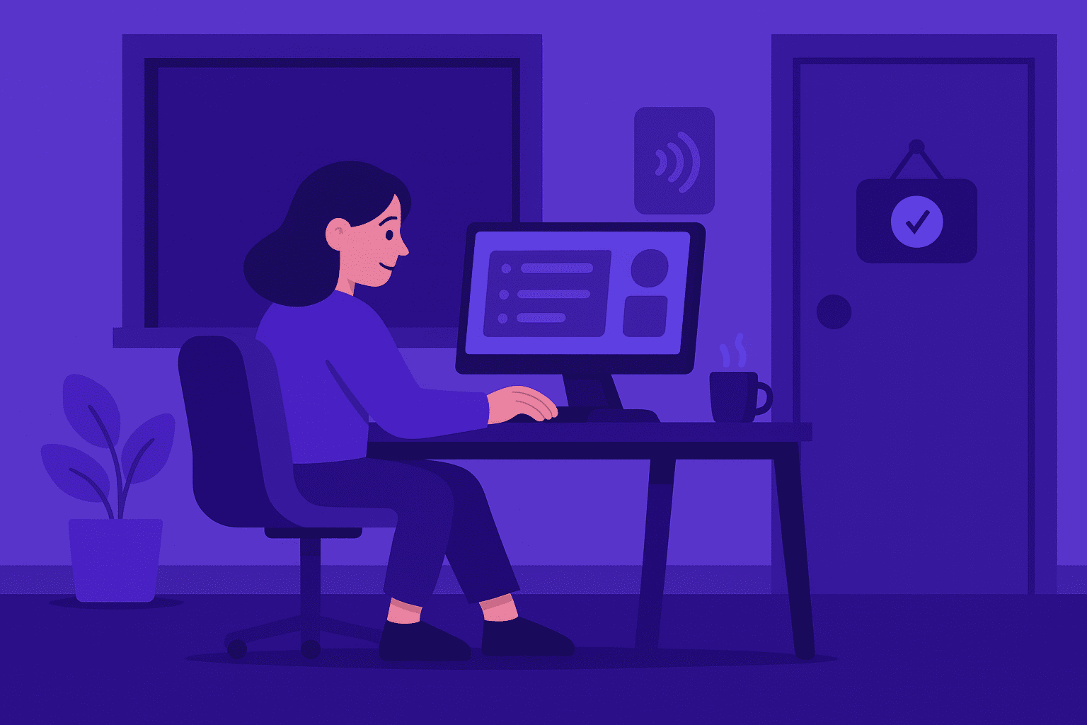 A flat-style digital illustration of a remote worker sitting at a tidy desk in a calm, well-lit home office, symbolizing focus and minimal distractions, using OrbityTrack’s purple-blue brand colors.