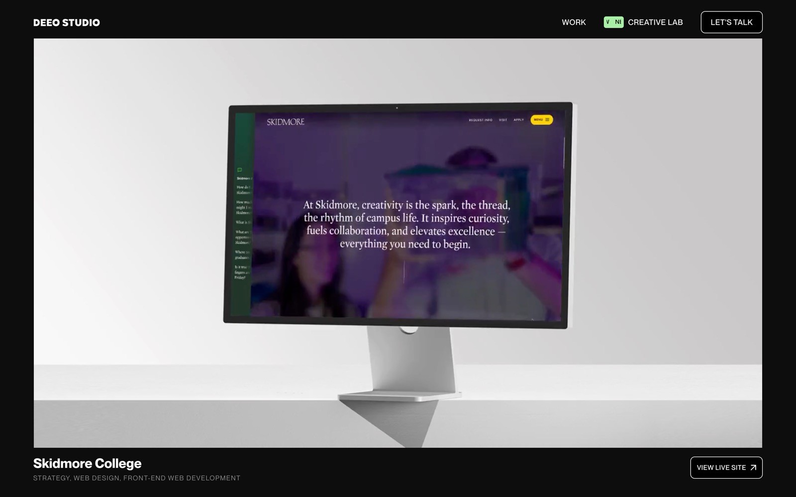 Computer monitor displaying Skidmore College website with a purple overlay, featuring text about creativity and excellence.