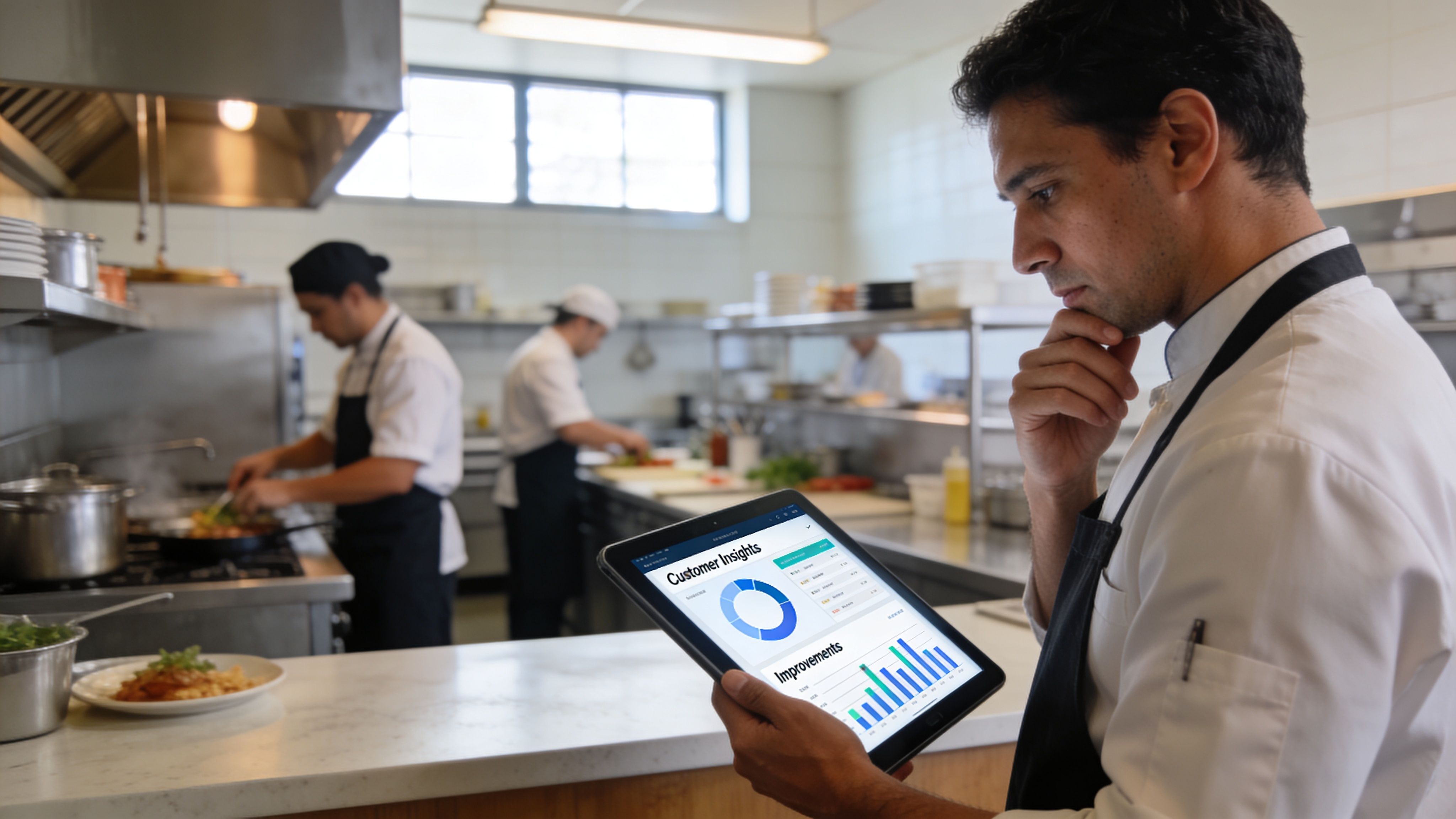 A professional chef analyzing restaurant customer insight data on a tablet in a busy professional kitchen.