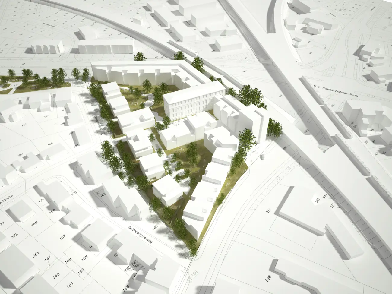Isometrische Zeichnung eines Bauprojekts mit mehreren Gebäuden und markierten Strukturen in Rot