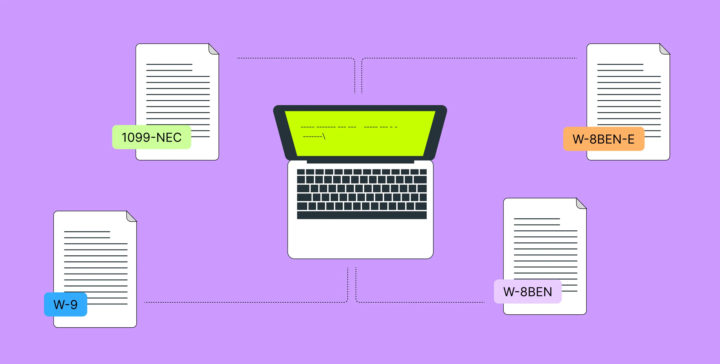 Image of laptop surrounded by contractor tax forms. Background is purple.