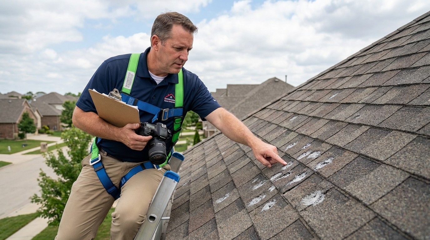 Hail damage roof inspection being performed by certified professional