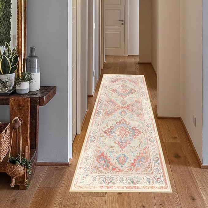 Pink and blue runner rug adds a stylish touch to home decor.