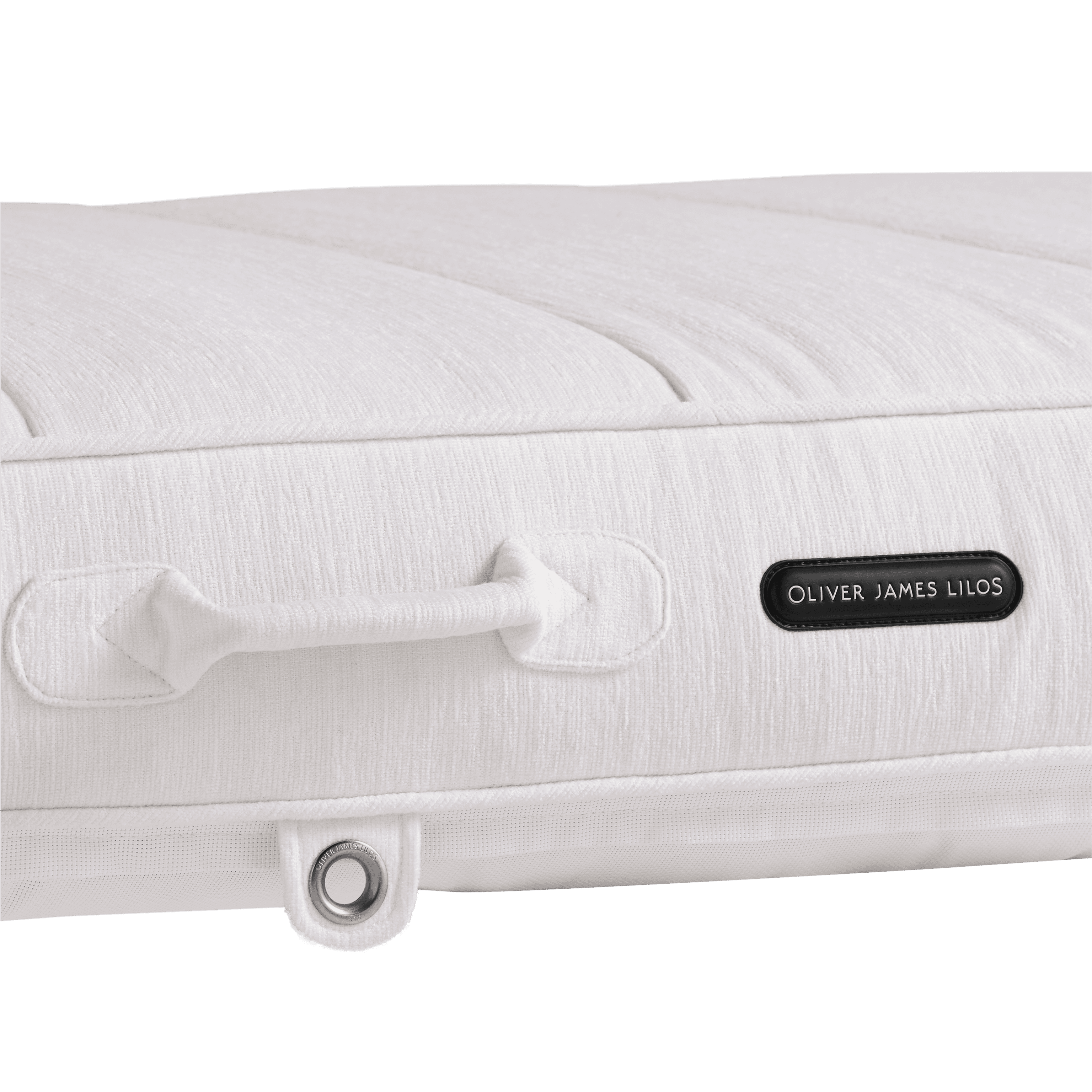 White chenille pool float detail showing padded carry handle, soft texture, and silver stainless eyelet