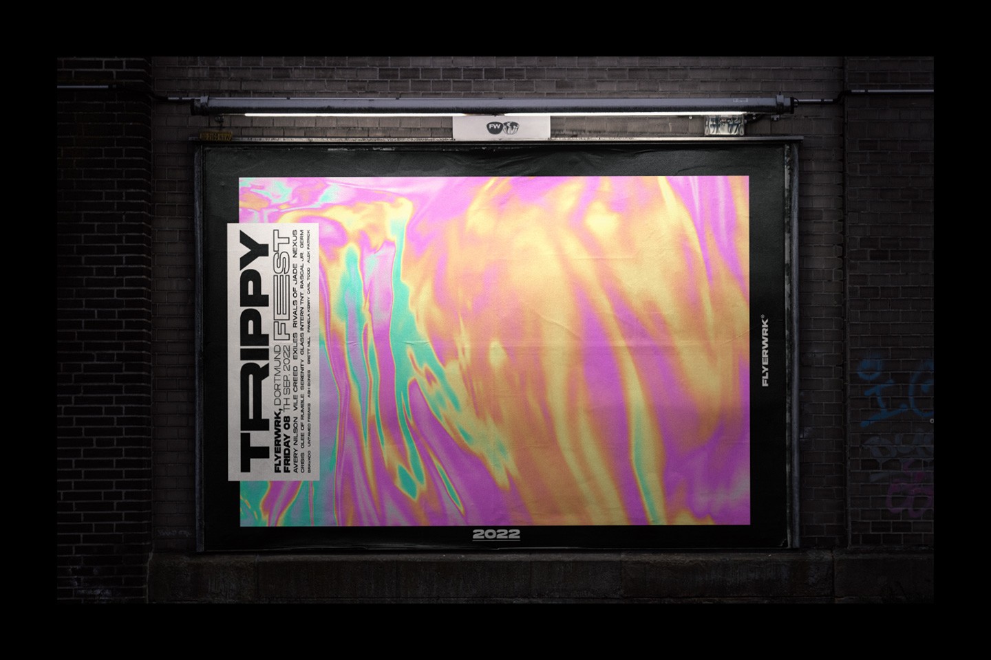 Trippy psychedelic backgrounds applied to a large street billboard mockup for a music festival advertisement