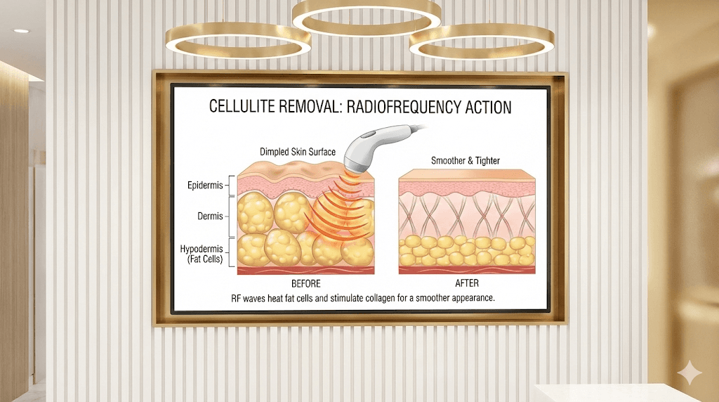 An illustration showing how radiofrequency waves penetrate the skin to smooth out fat cells and tighten skin.