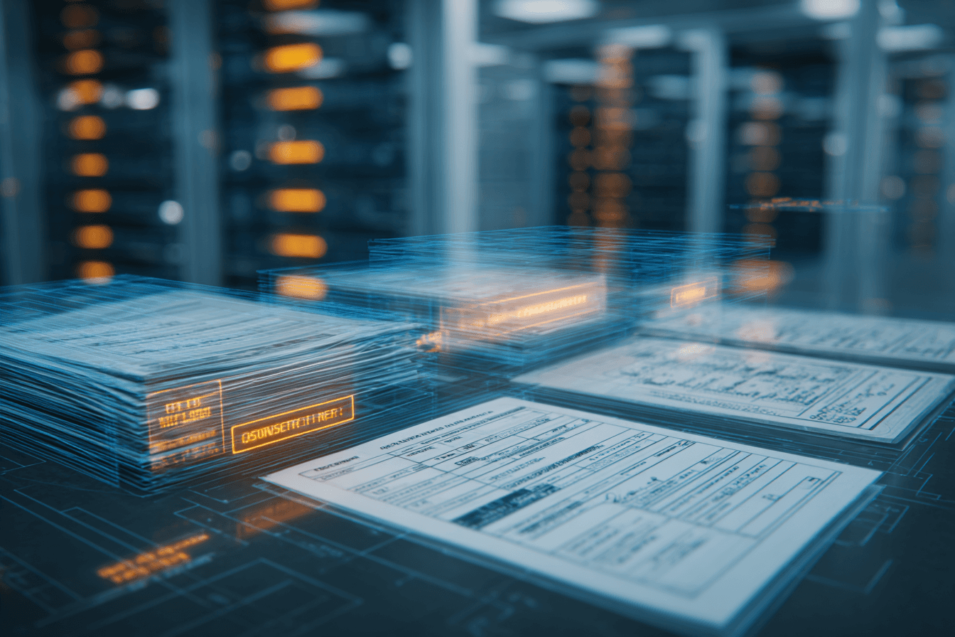 Two men discuss a project while standing at a laptop in an office.