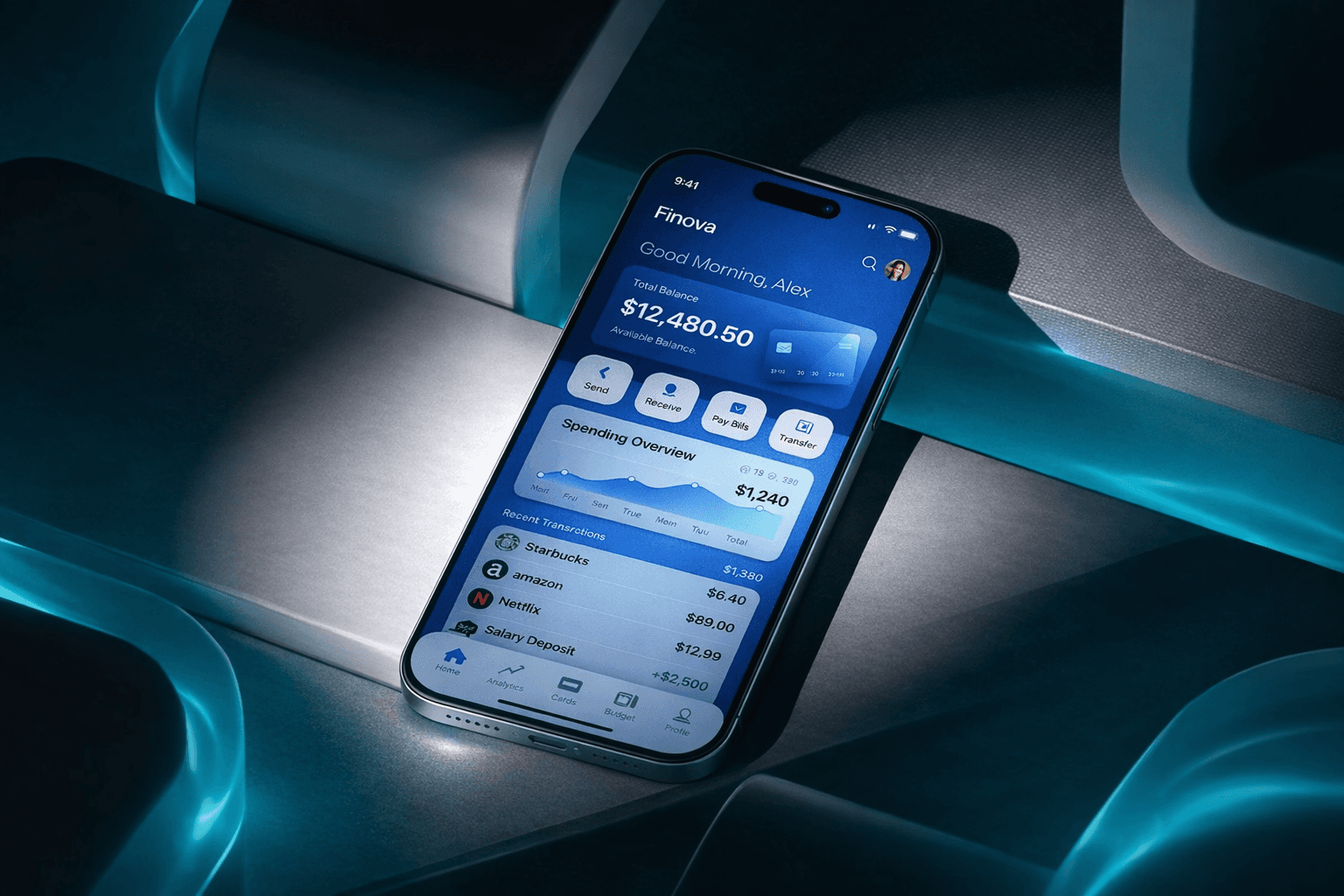 Finova finance app on iPhone.  Money management and budgeting tool.