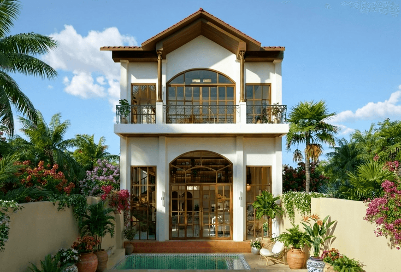 Stunning two-story Uluwatu home with arched windows, listed by a professional real estate agency.