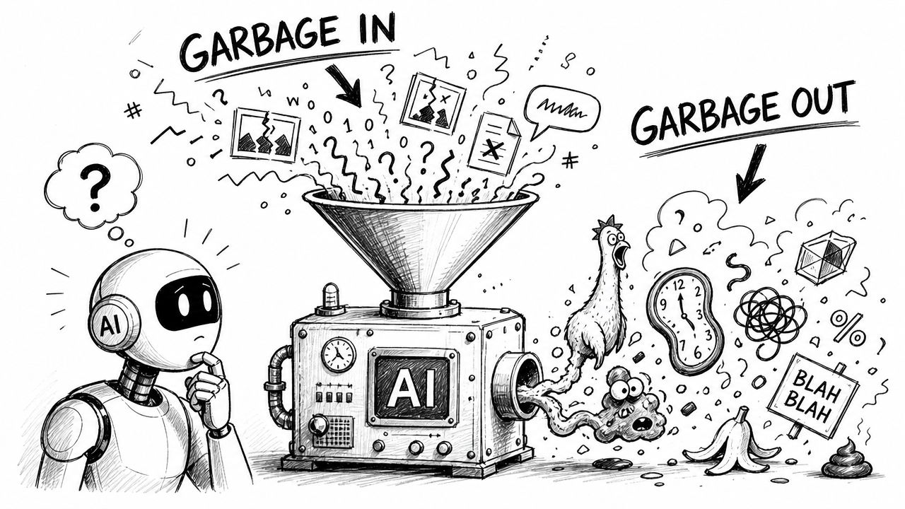 A pencil sketch of a robot watching an AI machine process chaotic input into nonsensical garbage output.