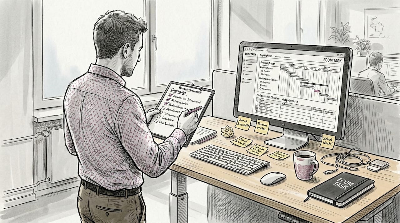 Im Büro geht der Projektkoordinator die Checkliste Punkt für Punkt durch.