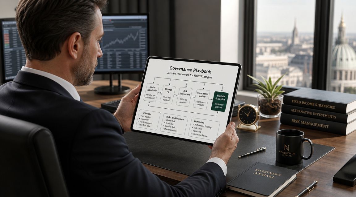 A professional man in a suit holding a tablet displaying a governance playbook decision framework.