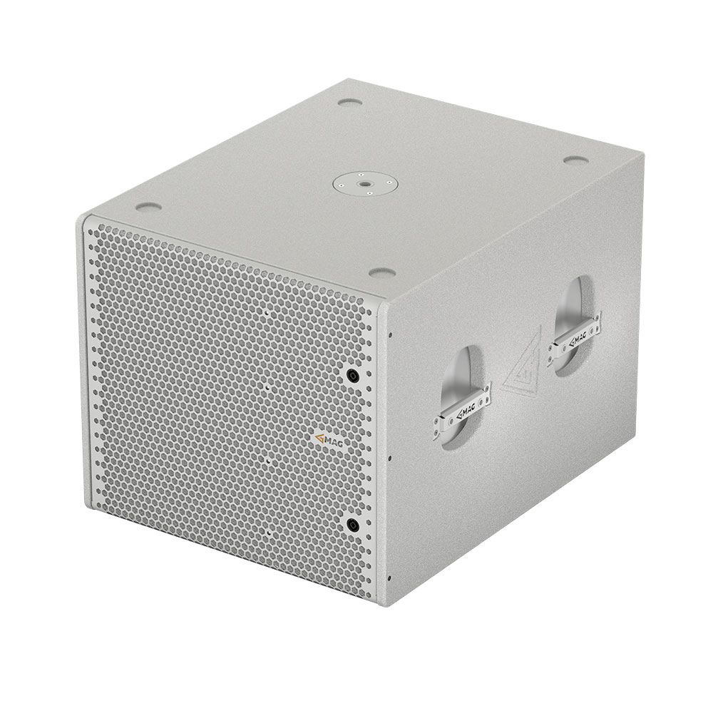 White MAG Audio subwoofer with speaker grille and handles