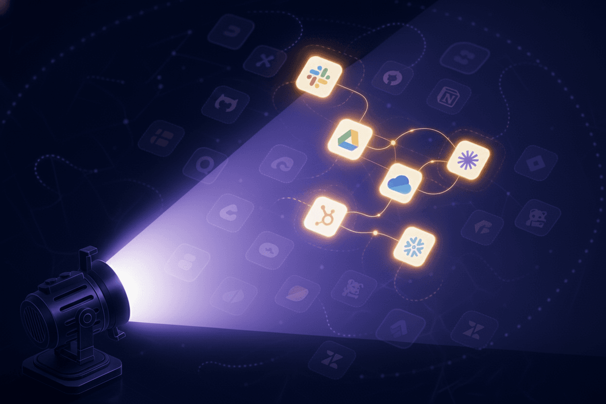 A modern, technical illustration showing the concept of shadow IT discovery with multiple abstract SaaS application icons scattered in a dark digital space, some visible and lit up while others are hidden or faded in shadows. Include visual elements representing OAuth connections (glowing connection lines), email invitations (envelope icons floating), and a scanning beam or spotlight revealing previously hidden applications. Use a clean, professional style with blues, purples, and amber accent colors to show discovered vs undiscovered apps.