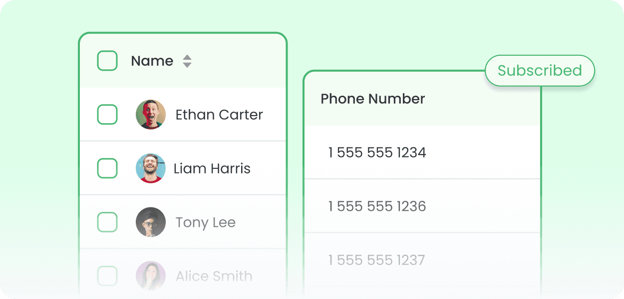 Contact list showing names, phone numbers, and 'Subscribed' status.