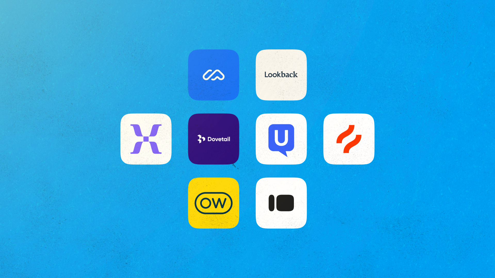 Eight research tool app icons arranged in a grid on a textured blue background, including Lookback, Dovetail, and other UX research tools