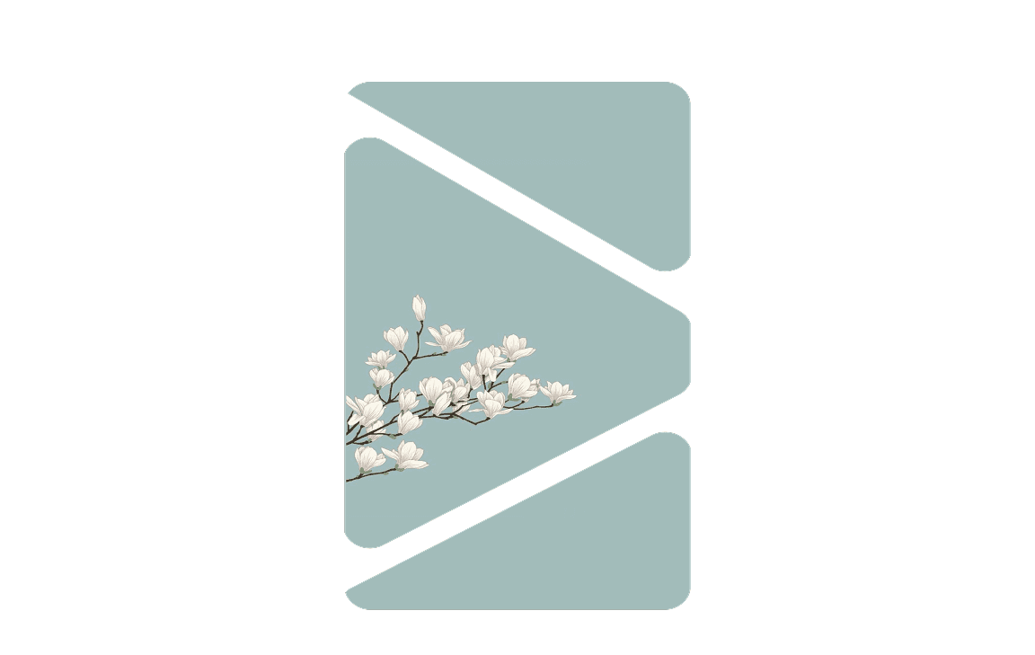 bstract geometric mark with soft green shapes and white floral elements.