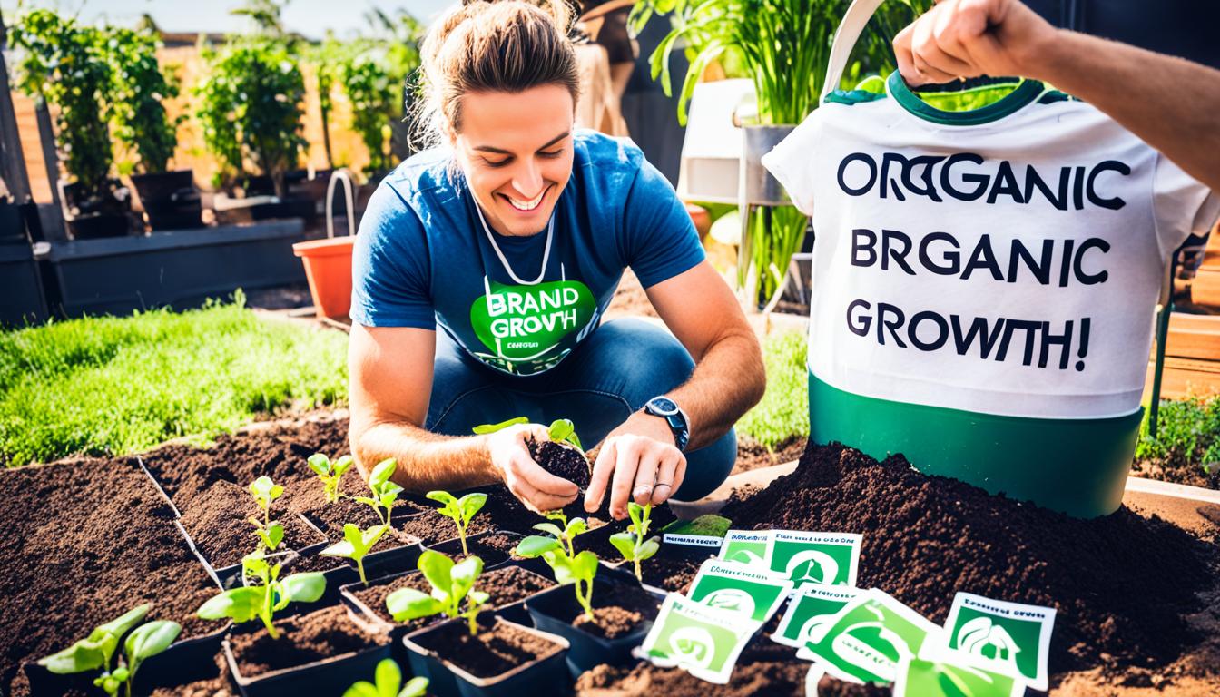 A person planting seeds in soil, with Instagram icons sprouting from the ground. The person wears a shirt with the word "brand" on it, and is holding a watering can labeled "organic growth". In the background, there are other Instagram users also planting seeds and nurturing their own brands.