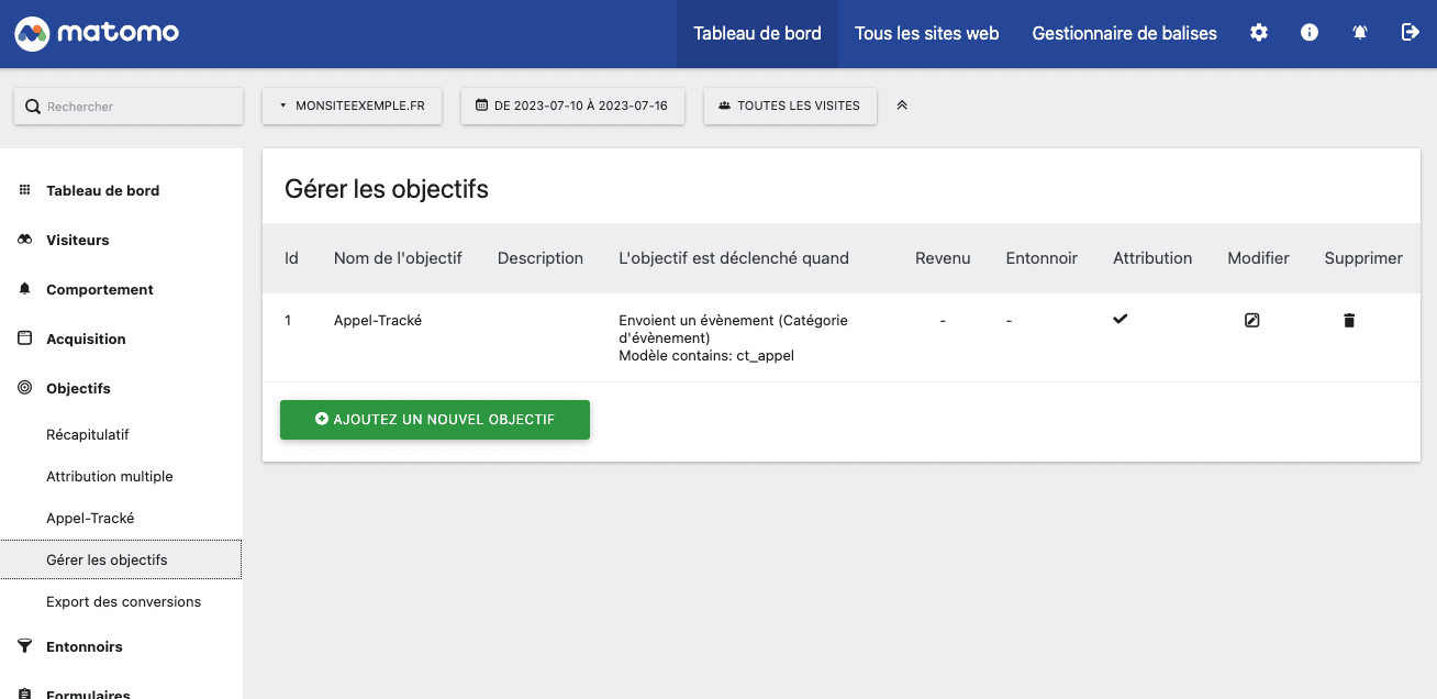 Gérer les objectifs Matomo