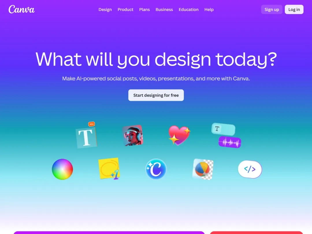 Canva website hero section with a gradient background and some design icons below the text