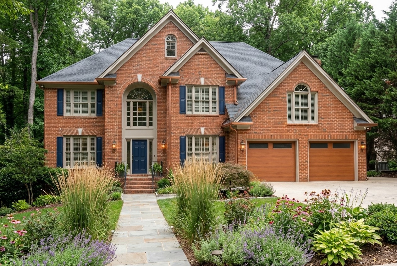 1990s brick house modernized — navy blue accents, warm cedar garage doors, greige trim