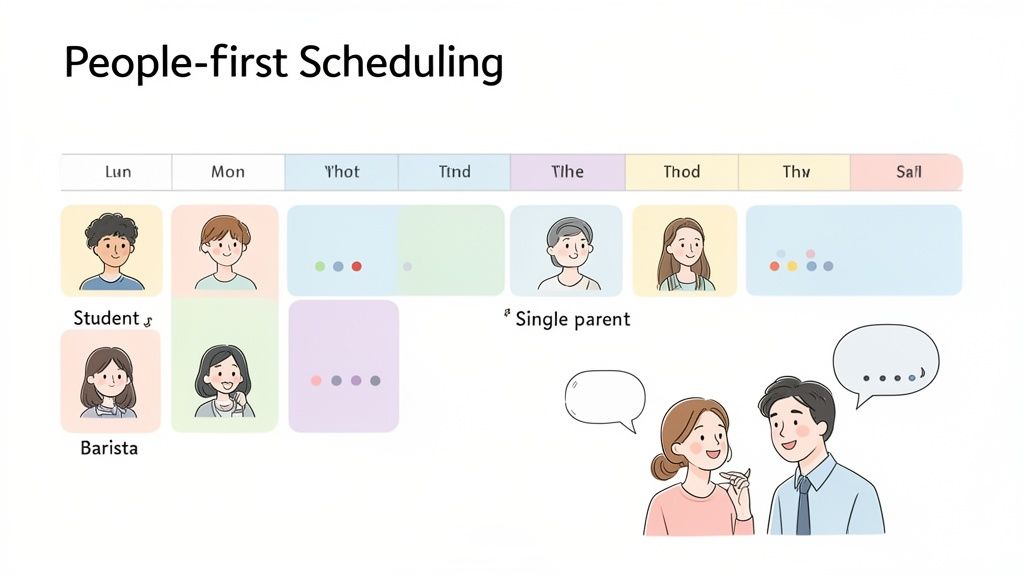Illustration showing a people-first scheduling grid with different individuals and their weekly availability.