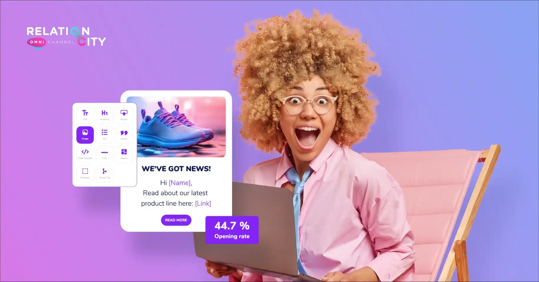 Visning af Sociale medie grafik der viser en kvinde med afrohår i en stol med 2D grafik ovenpå der viser komponenter til en email bygger