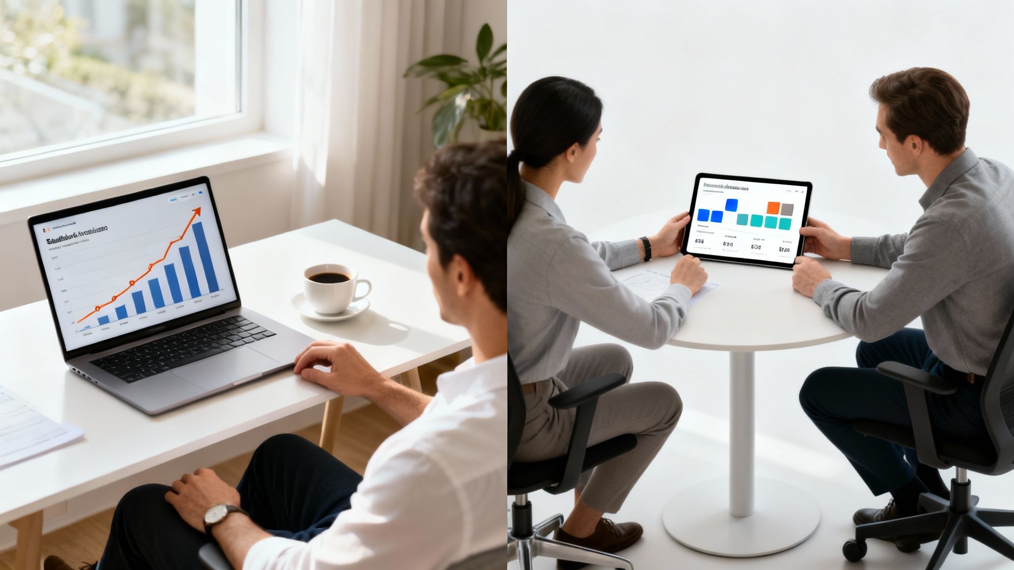 Two business professionals analyzing financial data on a laptop and a tablet in a modern office.