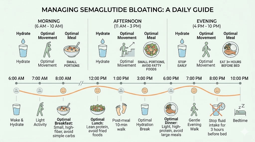 Daily schedule for managing semaglutide bloating with meal timing and movement recommendations