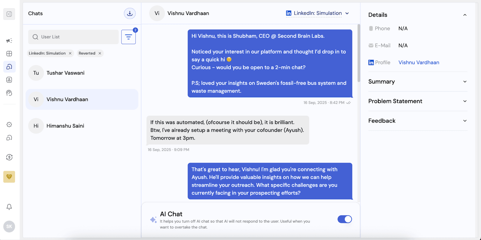 SBL automated your linkedin chat replies. Linkedin AI automation with chat reply