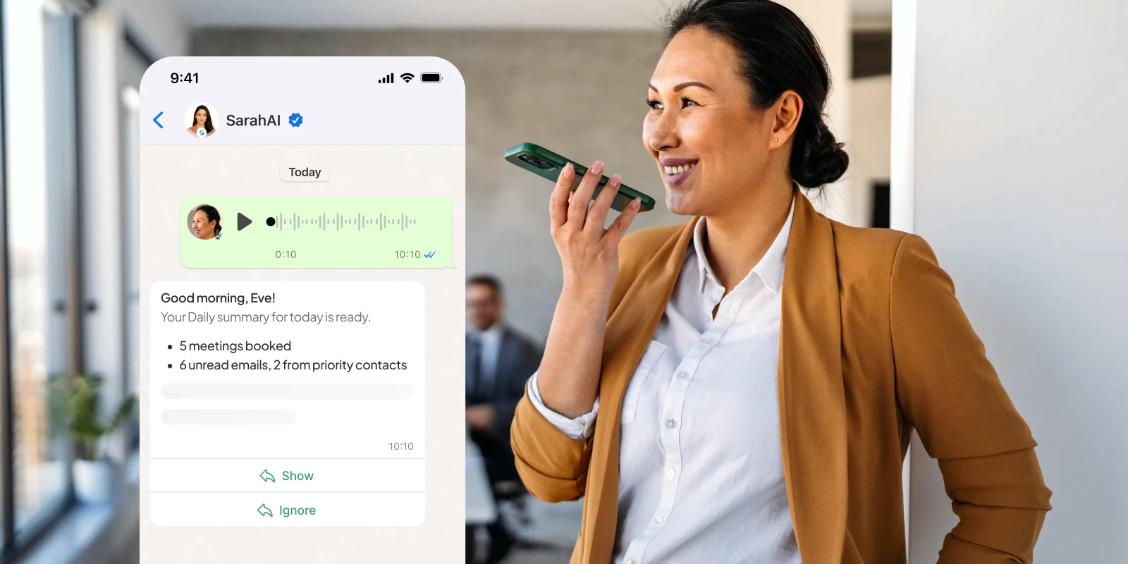 SarahAI AI executive assistant delivering morning brief and creating task from WhatsApp voice note