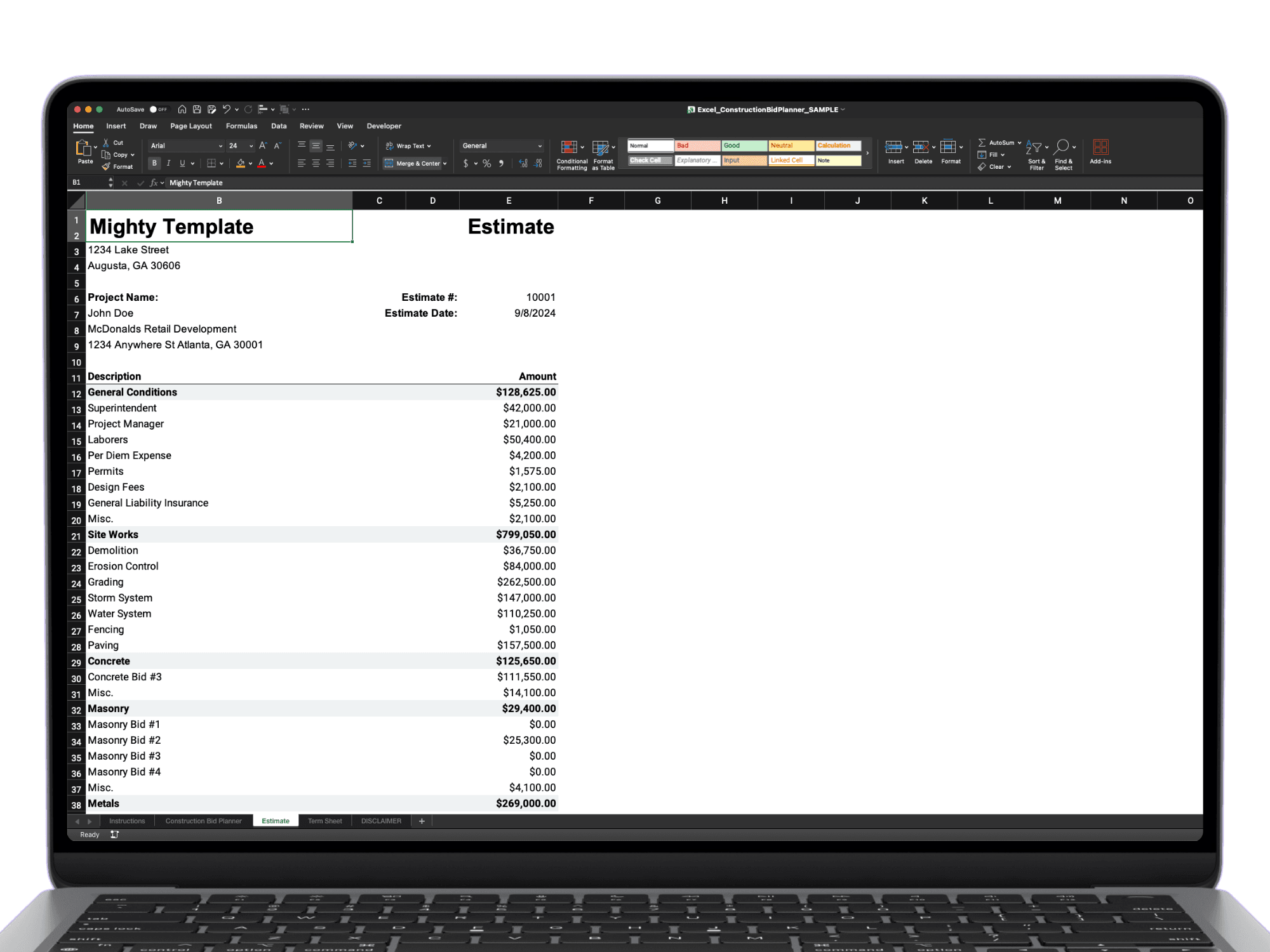 Excel construction bid planner showing detailed project estimate by trade with automated totals and professional layout.