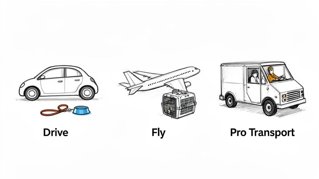 Three illustrated options for pet transportation: driving a car, flying with a crate, and professional van transport.