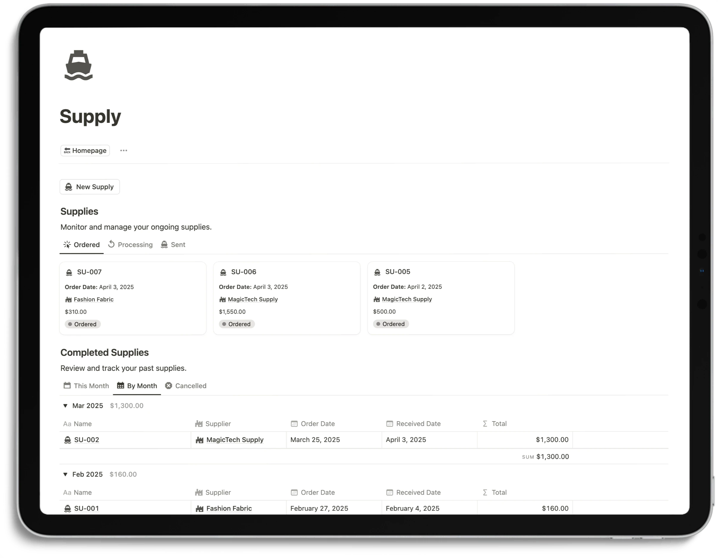 Notion E-Commerce Hub - Supply