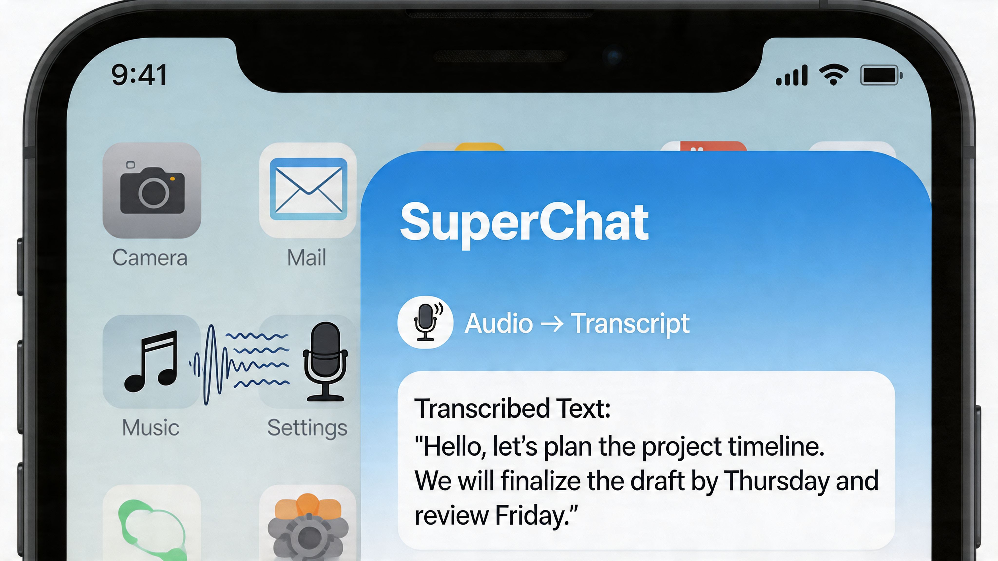 Smartphone screen showing the SuperChat application performing an audio to text transcription feature for meeting notes.