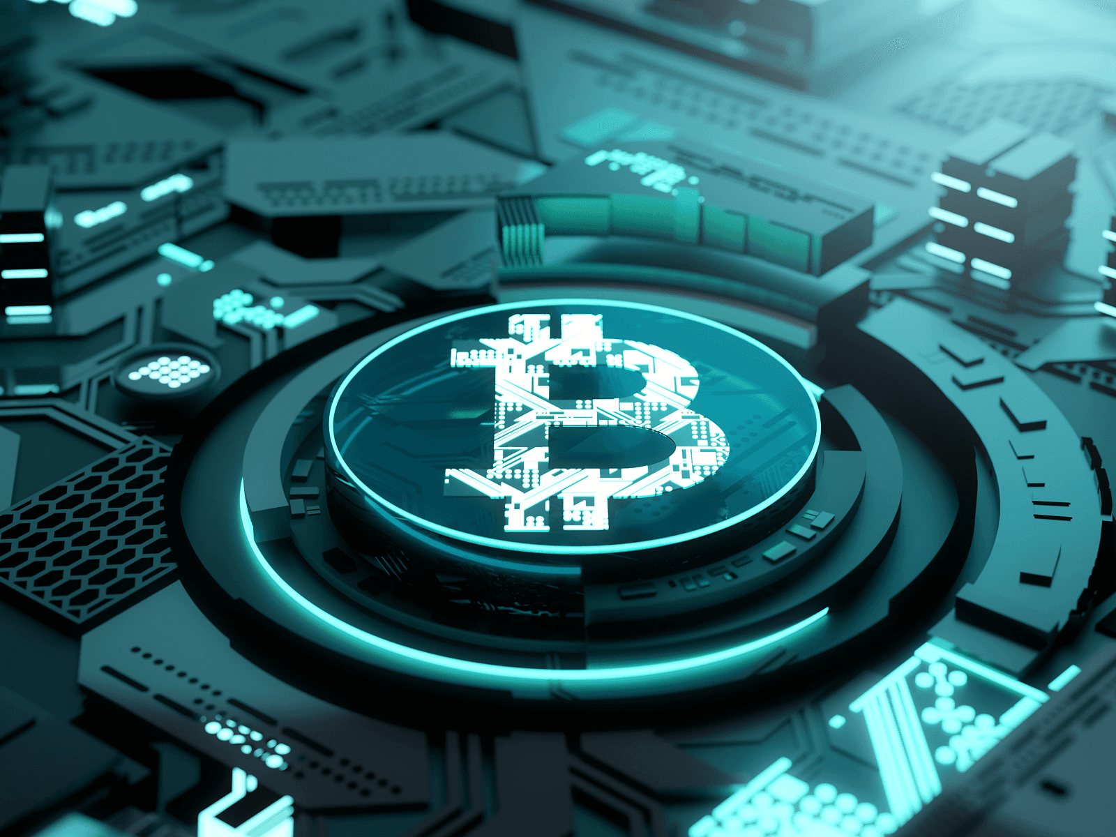 Neon blue Bitcoin symbol on digital circuit platform