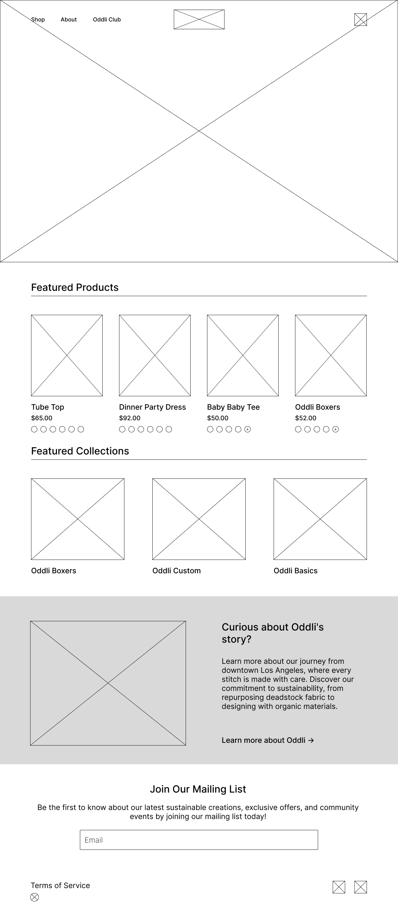 Low-fidelity wireframe of Oddli homepage with hero image, Featured Products grid, Featured Collections, and mailing list signup