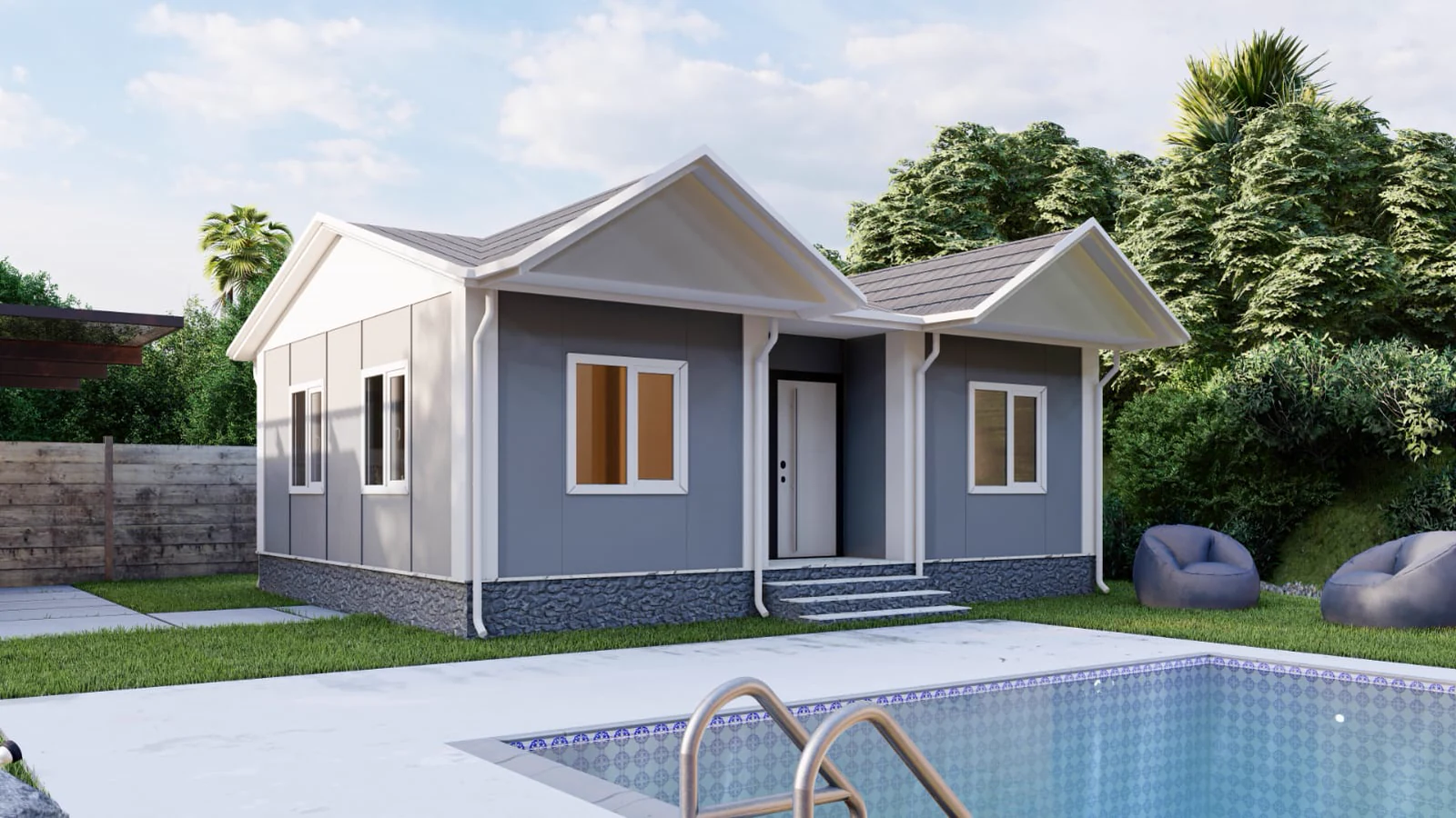 Moderna casa prefabbricata grigio chiaro a bordo piscina, immersa nel verde di un esclusivo contesto residenziale.