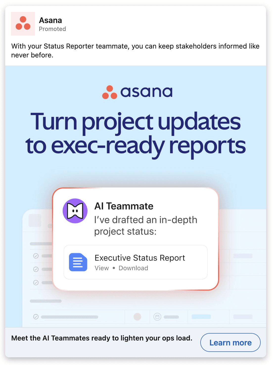Asana LinkedIn Ads: Single Image Ad example in LinkedIn feed