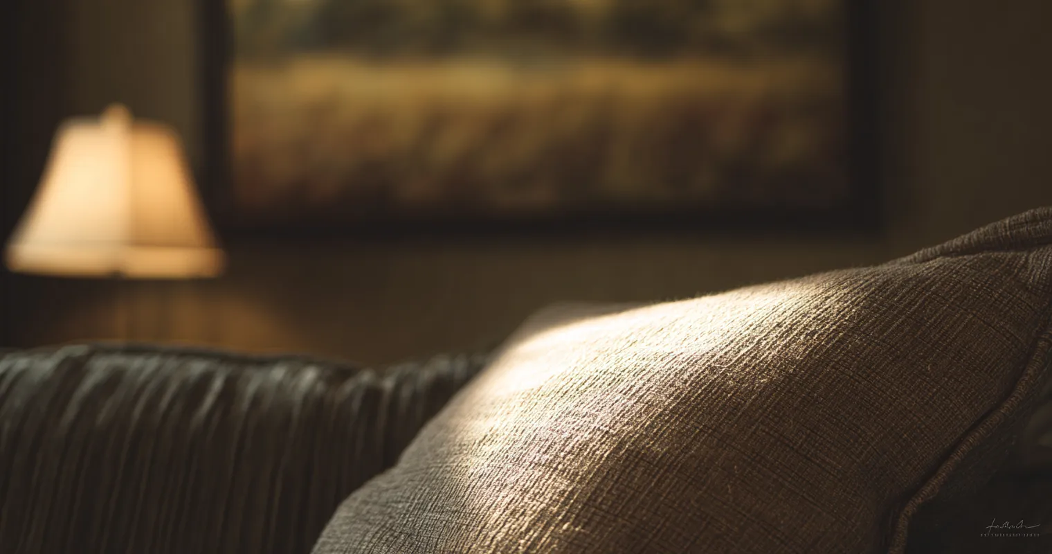 Soft-lit therapy space with cozy seating for clients