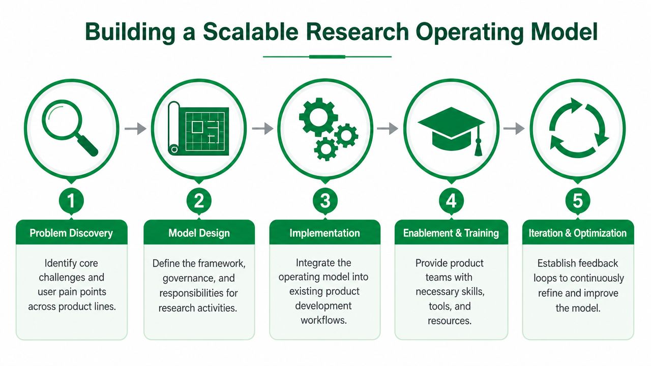 A five-step diagram showing a process for building a scalable research operating model in product teams.