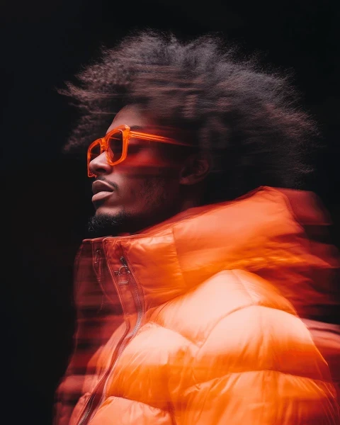 Profile view of a person with curly hair wearing orange sunglasses and an orange jacket with heavy motion blur.