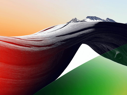 Mountain landscape with blue sky framed within abstract 3D shapes