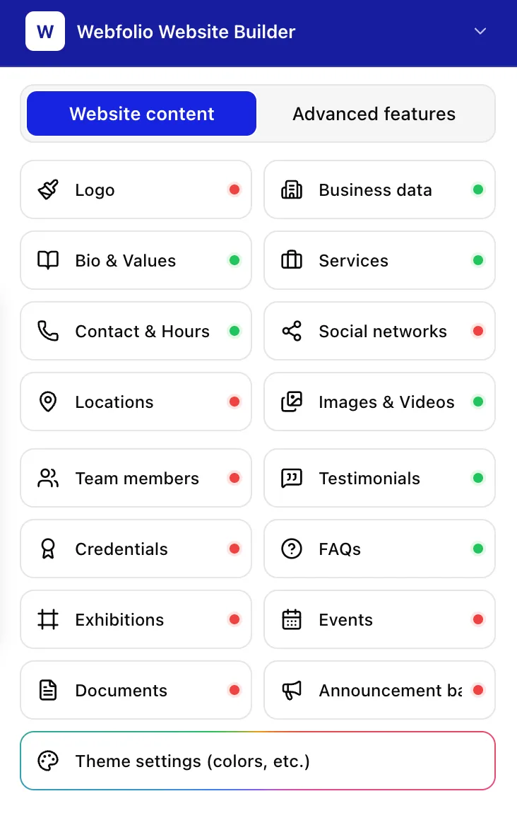 Screenshot of the dashboard of Webfolio website buillder